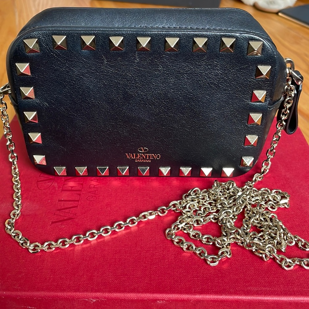 Valentino Rockstud mini camera bag, black with gold hardware